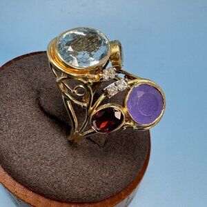 14k Yellow Gold Multi-Gemstone Handmade Statement Ring 2mm Width Size 5